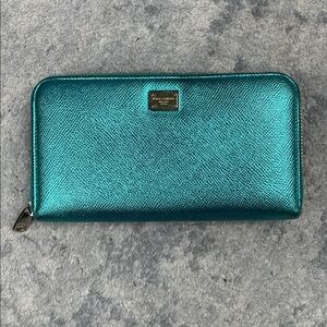Dolce & Gabbana Metallic Turquoise Teal Zip Around Continental Wallet